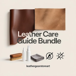 Puede incluir: Un paquete de guía de cuidado del cuero que presenta un trozo de cuero marrón enrollado, una muestra de gamuza beige, un cepillo, dos botellas de spray y un paño de microfibra gris. Se muestra el texto "Leather Care Guide Bundle".