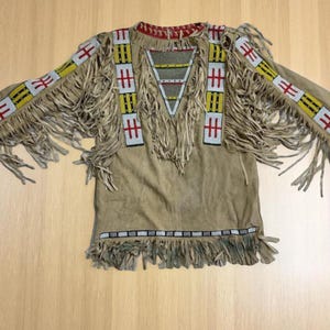 Old American Handmade Beige Buckskin Suede Beaded Powwow Regalia War Shirt Native Outfit
