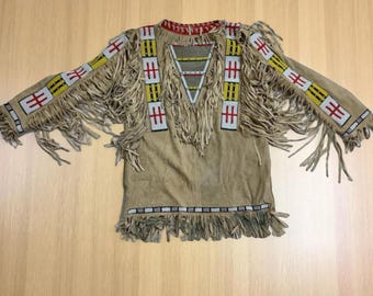 Old American Handmade Beige Buckskin Suede Beaded Powwow Regalia War Shirt Native Outfit