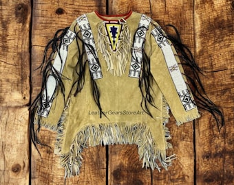 Handgefertigtes Kriegshemd aus Rindsleder – Beaded Powwow Regalia