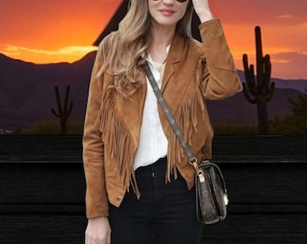 Chaqueta de gamuza con flecos hecha a mano: abrigo bohemio estilo western vintage para mujer