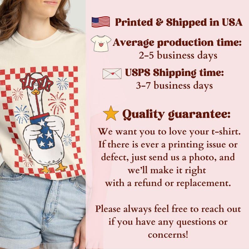 May include: Cream-colored t-shirt featuring a cartoon goose holding a firework container with stars and stripes. The goose wears star-shaped glasses, set against a red and white checkered background. The text on the shirt reads "Printed & Shipped in USA".