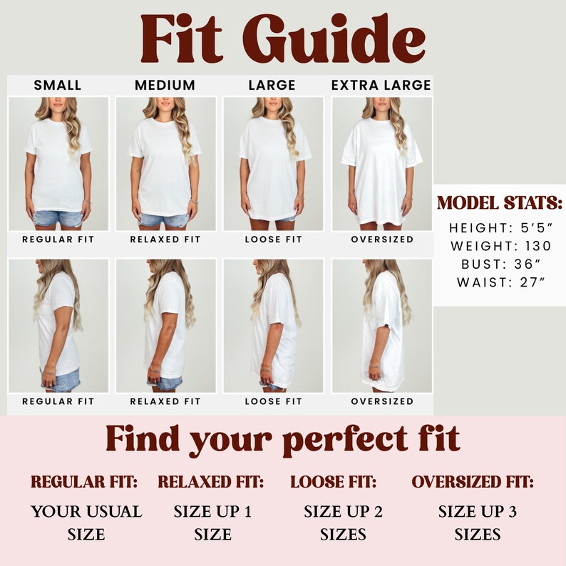 Pu&ograve; includere: Una guida alle taglie di t-shirt bianche con la scritta "Fit Guide" in marrone. La guida mostra quattro vestibilit&agrave; diverse: Regular, Relaxed, Loose e Oversized. Sono incluse le statistiche del modello: altezza 165 cm, peso 59 kg, busto 91 cm, vita 69 cm.