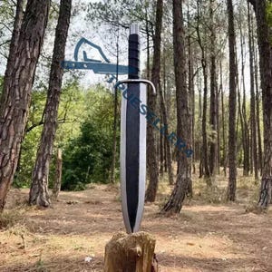 May include: A large sword with a black and silver blade, resting on a tree stump in a forest setting. The sword has a black handle and a silver crossguard. The blade features a central black stripe.