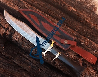 Cuchillo Bowie de acero de Damasco hecho a mano con funda de cuero