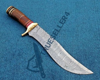 Handcrafted Damascus Steel Hunting Knife with Wood Handle & Leather Sheath