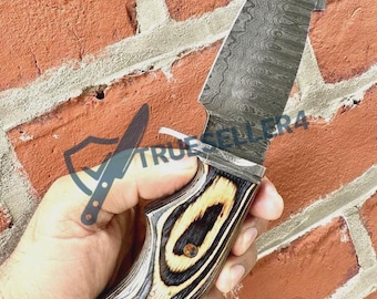 Handmade Damascus Steel Hunting Knife with Leather Sheath