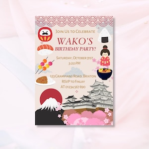 Kawaii Japanese Birthday Invitation | Sakura Girl Party Invite | Printable Japan Theme Card