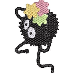 May include: Black and white embroidered patch of a fluffy, round creature with large eyes and three colorful flowers on its head.