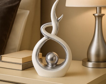 White & Silver Abstract Ceramic Ornament: Modern Home Decor