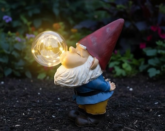 Solar Garden Gnome Statue, Bubble Blowing LED Light, Resin Outdoor Decor