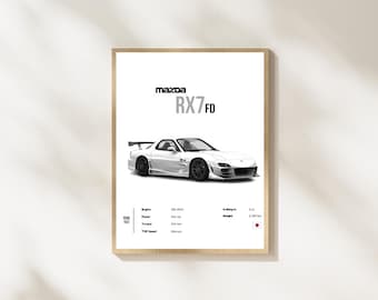 May include: A framed print featuring a white Mazda RX7 FD sports car. The print includes the car's name, specifications, and a small Japanese flag. The car is depicted in a sleek, minimalist style, with black wheels and a rear spoiler.
