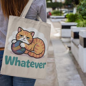 Whatever Cat のキャンバストートバッグ、女性用の面白い怠け者のオレンジ色のタビーのトートバッグ、かわいい美的漫画バッグ、面白いチルキャット