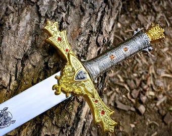 Handgefertigtes King Arthur Excalibur Schwert | Krone aus Knauf, Lederscheide