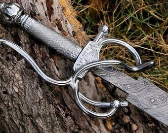 Handgeschmiedetes Damast-Stahl-Rapier-Schwert mit Lederscheide, mittelalterliches Schwert, bestes Hochzeitsgeschenk für ihn, Master-Schwerter, Geschenk für ihn / Freund