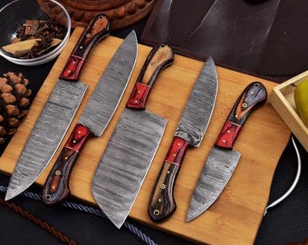 Hand geschmiedet Damast-Stahl Koch Messer Set, Küchenmesser | Kochmesser-Set, handgefertigtes 5-teiliges Luxus-Damastmesser, Geschenk für ihn, Geschenke für sie