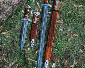 Paar Wikingerschwert | Handgefertigtes Hochwertiges Damaszener Stahl Schwert mit Scheide | Nordische Ragnar Replik | Jubiläum | Nordisches Schwert