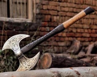 Doppelkopf Wikinger Axt, Bartaxt Handgeschmiedeter Stahl Doppelklinge Wikinger Axt Geschenk für ihn, Weihnachtsgeschenk