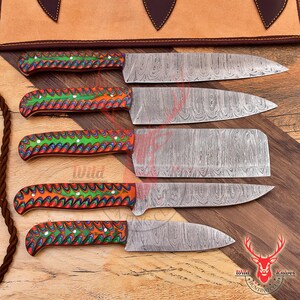 5-teiliges handgeschmiedetes Damast-Kochset | Damast Küchenmesser | Damaszener Kochmesser Set | DAMASKUS Koch Set | Weihnachten Geschenk | GOOMSMAN Geschenk