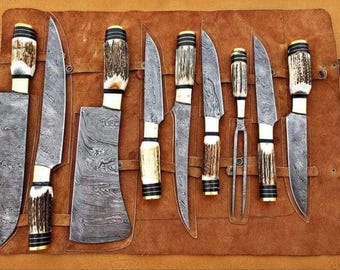 Handgefertigtes Damast-Stahl Kochmesser-Set, Hirschhorn-Griff, Lederrolle