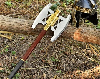 Handgefertigte Gimli Streitaxt & Helmset: Eschenholzgriff, Zwergenrunen