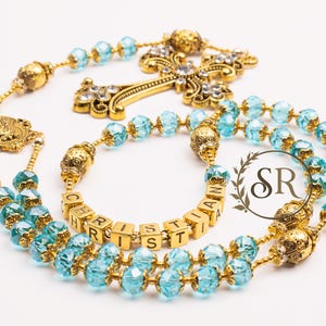 Personalized Blue Crystal Rosary: Baptism, First Communion Gift
