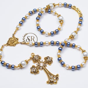 Personalized Blue Pearl Rosary: Baptism, First Communion Gift