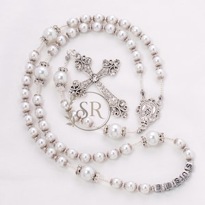 wedding rosary, First Holy Communion Rosary, White Pearl Rosary with Silver Cross, Custom Baptism Gift, Personalized Catholic Rosary, Gift