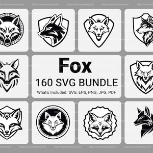 May include: A collection of black and white fox-themed SVG designs. The image features various fox illustrations within shields, circles, and other shapes. Text in the center reads "Fox 160 SVG BUNDLE" with file type details.