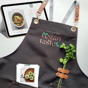 Veganistische set - heerlijke gluten- en lactosevrije veganistische e-boekrecepten FODMAP + Receptkaarten + Schort met zakken, kookcadeau, verjaardagscadeau