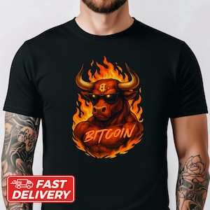 Camiseta de Bitcoin, Fire Bull, criptomoneda, camiseta unisex de algodón, top con el logo de Bitcoin, ropa de criptomonedas, camiseta a color