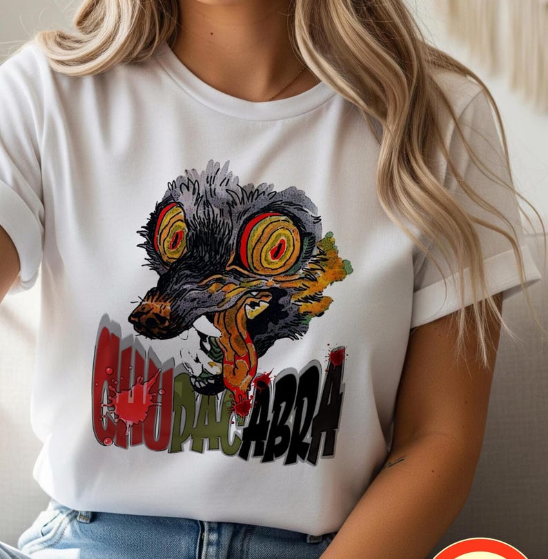 May include: White t-shirt featuring a graphic of a creature with large, red and yellow eyes, a gray snout, and a long, red tongue. The word "CHUPACABRA" is printed in a stylized font below the creature.