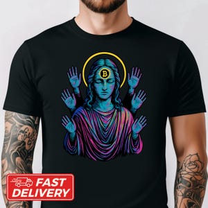 Camiseta Digital Deity Glitch Art Bitcoin, camiseta unissex psicodélica futurista, moda urbana cyberpunk cripto