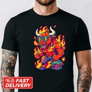 Camiseta de Bitcoin, Fire Bull, criptomoneda, camiseta unisex de algodón, top con el logotipo de Bitcoin, ropa de criptomonedas, camiseta a color con calavera