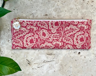 Handmade Floral Pouch: Red Fabric Makeup Bag with Gold Bee