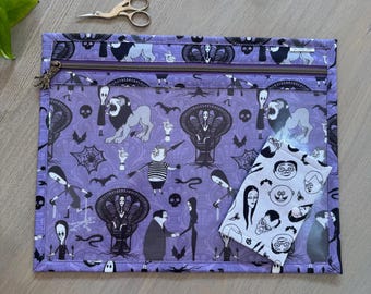 Clear Vinyl Front Project Bag: Needlepoint, Cross Stitch and Craft Organizer - Addams Family Fabric