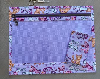 Clear Vinyl Front Project Bag: Cat Fabric, Needlepoint, Cross Stitch and Craft Organizer