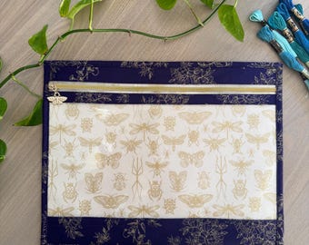 Vinyl Front Project Bag: Metallic Floral and bug, Cross Stitch Storage