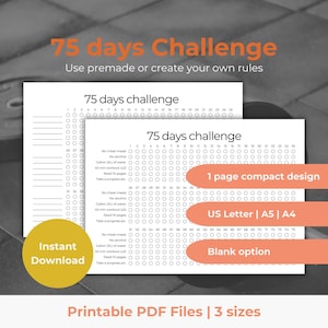 75 days challenge tracker printable, 75 day challenge checklist, A5 A4 US Letter size, Instant download, Editable PDF, Fitness journal