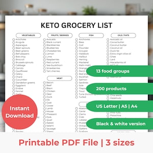 Keto Grocery List Printable, Low Carb Food List, Keto Shopping List, Instant Download PDF, A5 A4 US Letter Size, Meal Planner & Tracker
