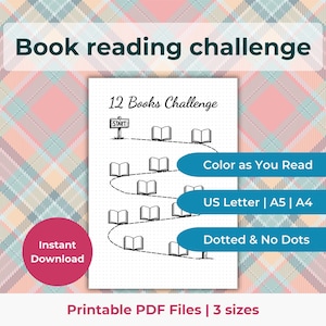 Desafío de lectura de 12 libros, Página de diario de lectura, Plantilla de registro de lectura, Rastreador de lectura imprimible, Lista de lectura (A4, A5, Carta estadounidense, PDF)