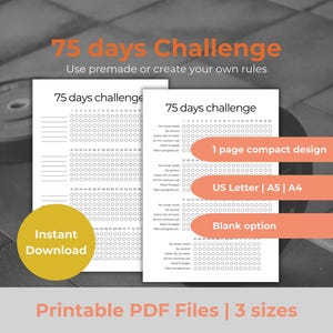 Liste de contrôle modifiable pour les défis de 75 jours, Tracker imprimable de 75 jours, Téléchargement instantané au format PDF, Format portrait A5 A4 US Letter, Agenda de remise en forme