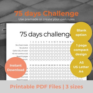 75 days challenge tracker printable, 75 day challenge checklist, A5 A4 US Letter size, Instant download, Editable PDF, Fitness journal