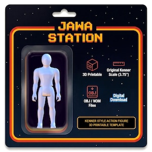 May include: A digital download product card for a Jawa Station 3D printable action figure template. The card features a white blank humanoid figure in a blister pack, with text indicating 3D printable, original Kenner scale 3.75 inches, and OBJ/NOM files.