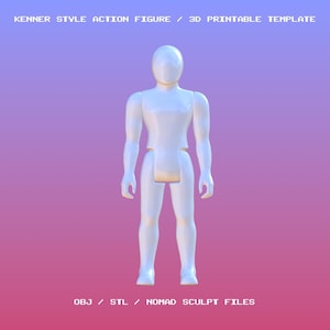 以下が含まれることがあります： 光沢のある白いケナー風アクションフィギュアテンプレート。紫とピンクのグラデーションの背景に立っています。上部のテキストは「KENNER STYLE ACTION FIGURE / 3D PRINTABLE TEMPLATE」です。