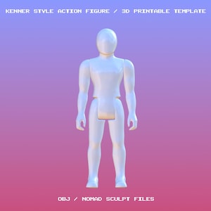 May include: A white Kenner-style action figure, 3D printable template. The figure has a smooth, glossy finish and a minimalist design. The text "KENNER STYLE ACTION FIGURE / 3D PRINTABLE TEMPLATE" and "OBJ / NOMAD SCULPT FILES" are displayed.