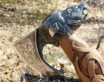 Ax Bear Grizzly Gift for men, the best choice, stylish author&#39;s work ax, collection viking ax for cutting and beauty
