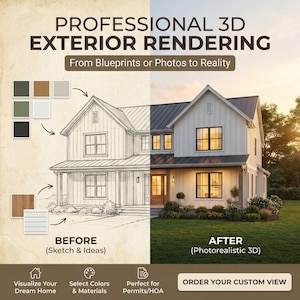 Puede incluir: Imagen que muestra servicios profesionales de renderizado 3D de exteriores. La imagen está dividida, mostrando un boceto y una representación fotorrealista de una casa. El texto incluye "PROFESSIONAL 3D EXTERIOR RENDERING" y "From Blueprints or Photos to Reality."