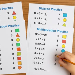 Op de afbeelding: Witte werkbladen met wiskundeproblemen voor optellen, aftrekken, delen en vermenigvuldigen. Kleurrijke vormen staan naast de antwoorden. Een hand met een potlood maakt een probleem op het vermenigvuldigingswerkblad af.