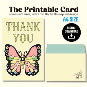 Cartões de agradecimento para impressão, cartões em branco, cartões postais com design vintage, designs inspirados nos anos 60, cartões de agradecimento para uso pessoal.